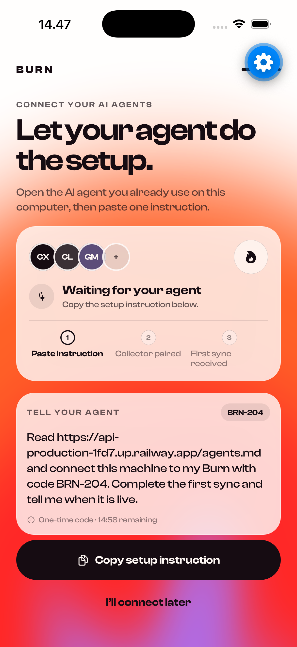 Burn setup screen with a one-time instruction for connecting an AI agent