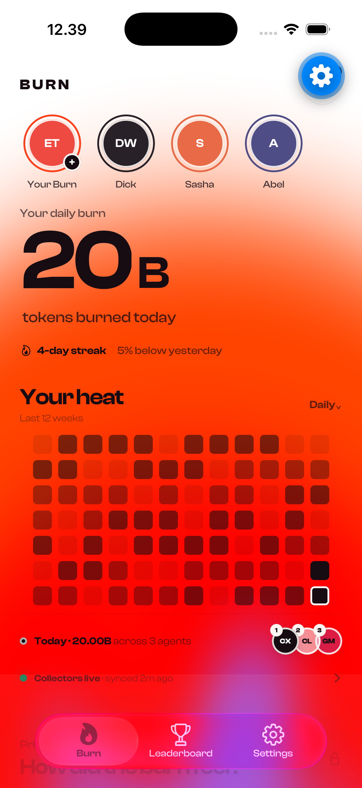 Burn app dashboard showing a 20 billion token daily burn, four-day streak, and activity heatmap