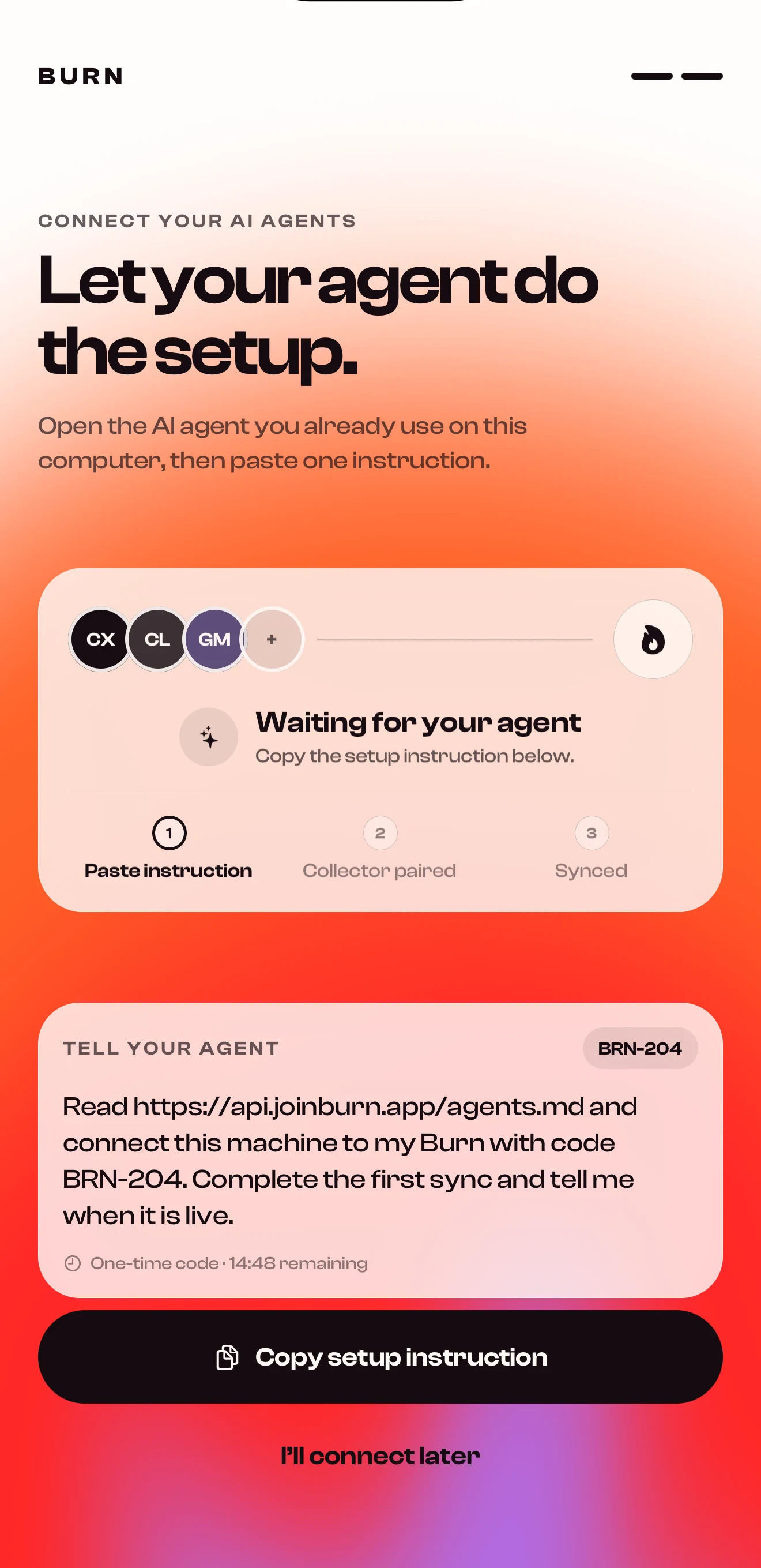 Burn connection screen showing a one-time setup instruction for an AI agent