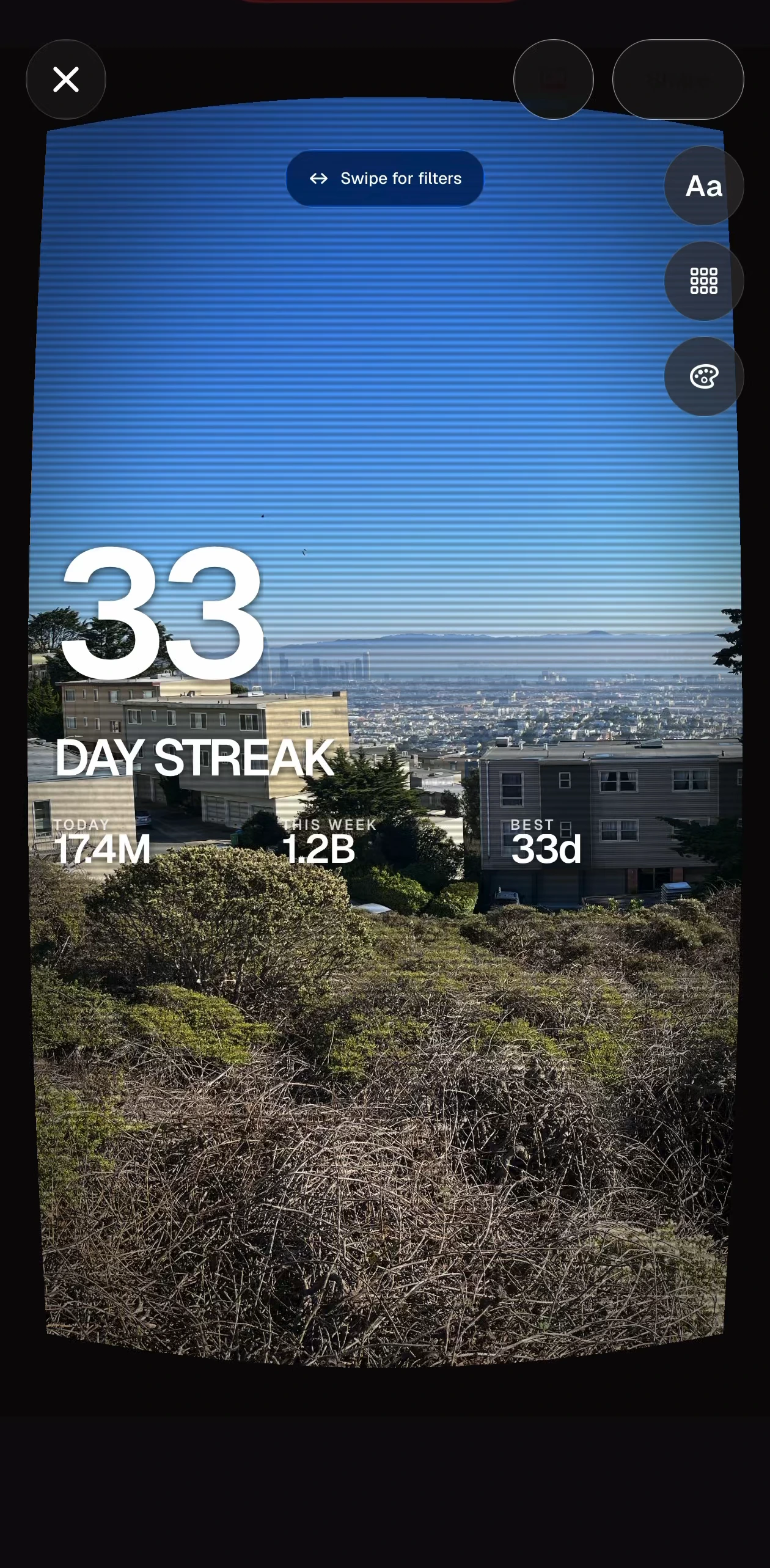 A 33-day streak sticker layered over your own photo, ready to share